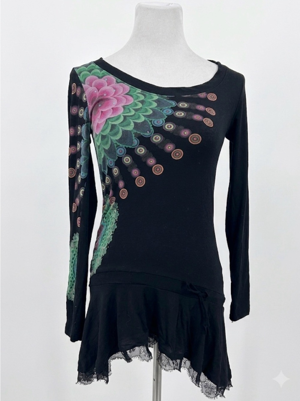 Desigual Tunic Dress Black Long Sleeve Mandala Floral Rhinestone Lace Hem Mini